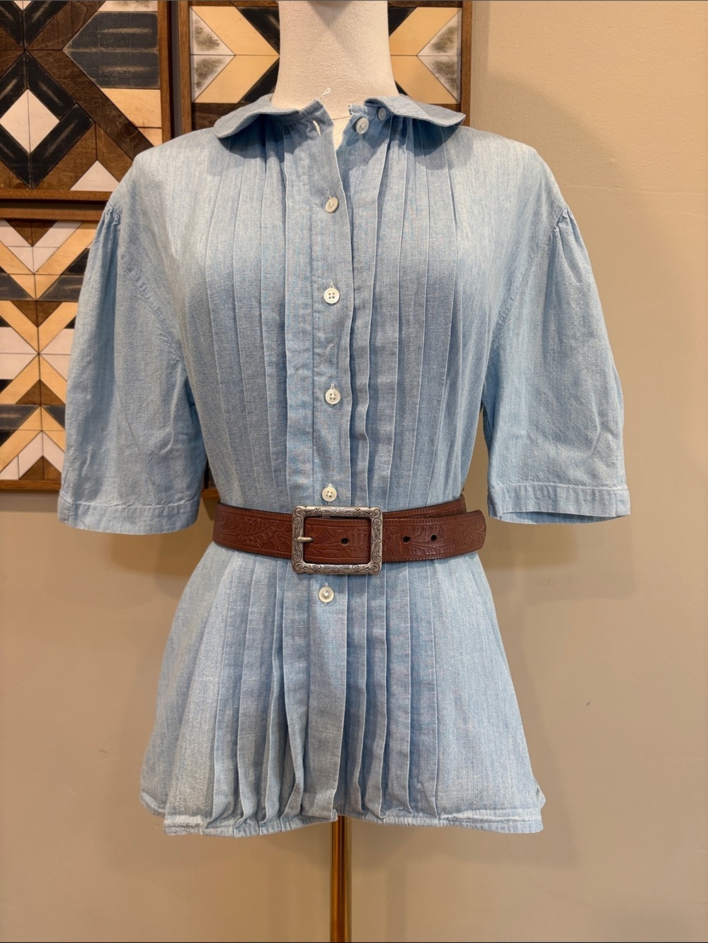 Vintage Ralph Lauren Blue Label Cotton Pleated Denim Button-Down Blouse size 8